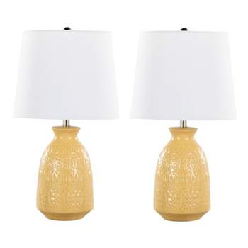 LumiSource (Set of 2) Claudia 20" Contemporary Accent Lamps Misted Yellow Ceramic Polished Nickel and White Linen Shade from Grandview Gallery