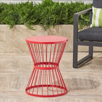 Okak 16" Outdoor/Indoor Side Table Modern Iron End Table Hourglass Open Cage Design Decorative Bistro Table for Patio Garden Yard Deck, Red