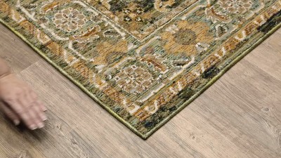 Ivory and Green Synthetic Stain-Resistant Rectangular Area Rug