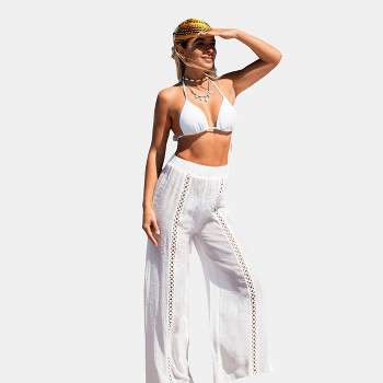 Women's White Crosshatch Cutout Straight Leg Cover-Up Pants - Cupshe