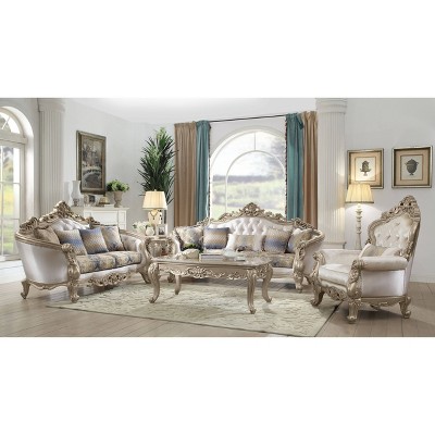 Elegant Antique White Floral Tufted Sofa with Nailhead Trim