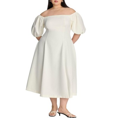 ELOQUII Women's Plus Size Off The Shoulder Puff Sleeve Midi Dress