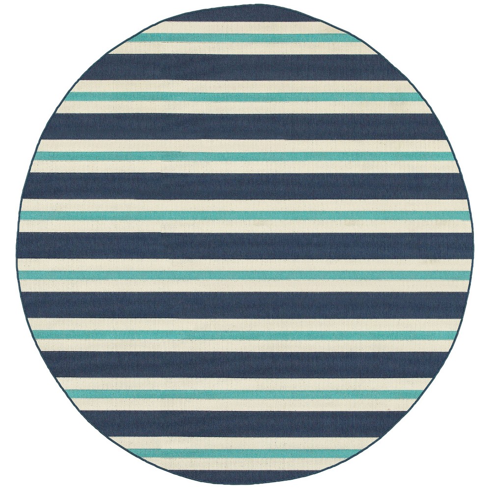 7'10in Round Marlowe Striped Patio Rug Blue/Ivory