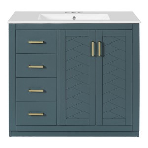 Vynxaria 36 Inch Blue Freestanding Bathroom Vanity with Ceramic Sink Solid Wood Frame 3 Drawers Soft Closing Doors - 1 of 4