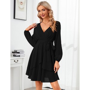 Clearlove Women Mini Dress  Wrap V Neck Long Sleeve Waist Tie Dress Layerd Flowy Flutter Skater Dress - 1 of 4