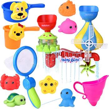 Fun Little Toys 11 Pcs Toddler Bath Toys Windmill Waterfall Water Station with Sea Animals Squirter Toys Stackable Cups and Fishing Net