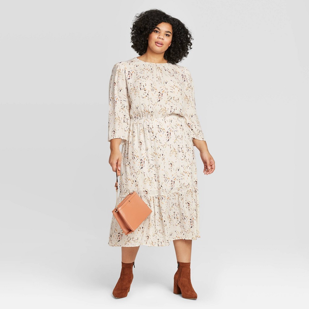 Women's Plus Size Floral Print 3/4 Sleeve Crewneck Tiered Midi Dress - A New Day Cream 4X, Ivory was $27.99 now $19.59 (30.0% off)