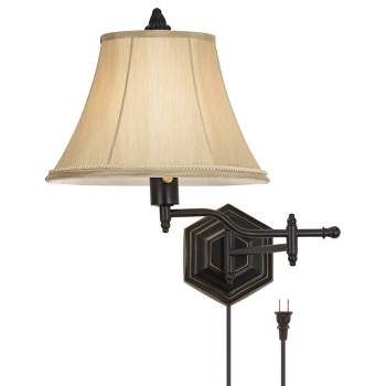 Barnes and Ivy Hexagon Rustic Vintage Swing Arm Wall Lamp Bronze Plug-in Light Fixture Gold Bell Shade for Bedroom Bedside Living Room Reading House