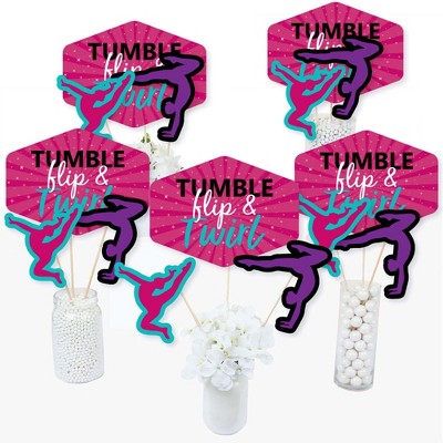 Big Dot of Happiness Tumble, Flip & Twirl - Gymnastics - Birthday Party or Gymnast Party Centerpiece Sticks - Table Toppers - Set of 15