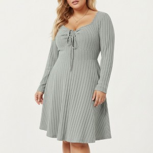 Anna-Kaci Women's Plus Size Long Sleeve Ribbed Knit Dress with Tie Front Detail and Flared Skirt, Gray / Plus-1X-14W-16W