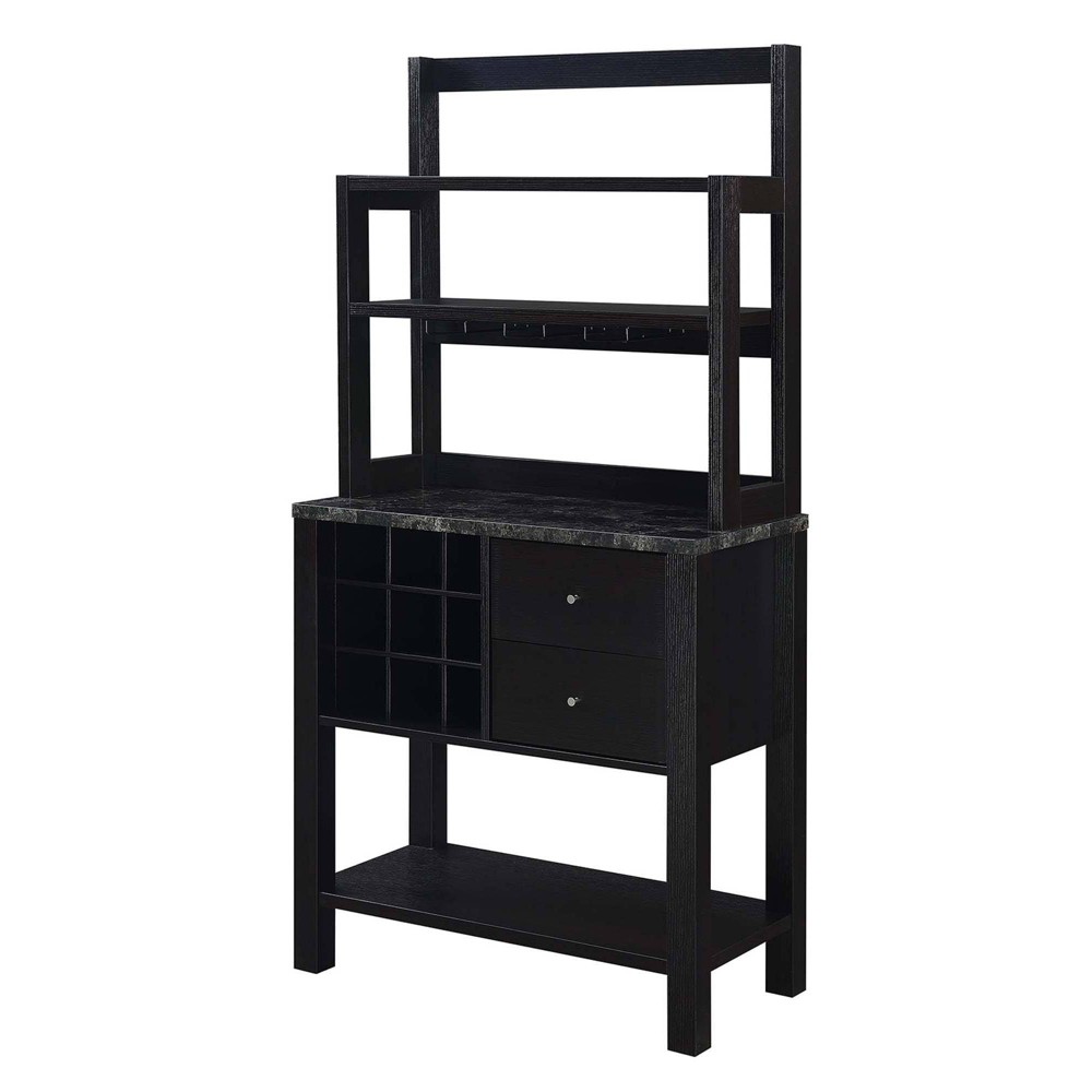 Breighton Home Newport 2 Drawer Serving Bar with Wine Rack and Shelves Faux Black Marble