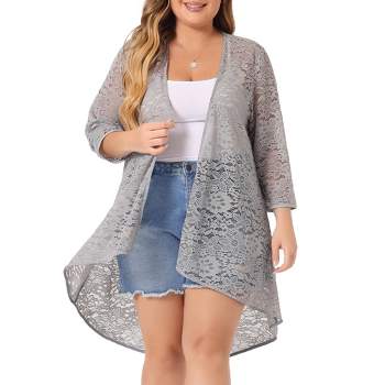 Agnes Orinda Women's Plus Size Lace Sheer High Low 3/4 Sleeve Open Front Cardigans