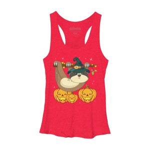 Women's Design By Humans Funny Witch Sloth With Jack O Lantern Halloween T-Shirt By thebeardstudio Racerback Tank Top - 1 of 3