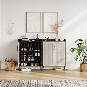 6-Tier Rattan Wood Shoe Cabinet with Metal Legs, Double Doors, 2 Adjustable Shelves for Entryway, Hallway, Living Room - 1 of 4
