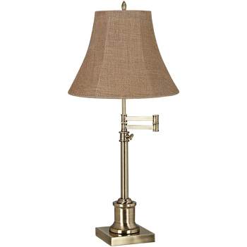360 Lighting Traditional Swing Arm Desk Table Lamp Adjustable Height 36" Tall Antique Brass Natural Burlap Bell Shade Living Room Bedroom