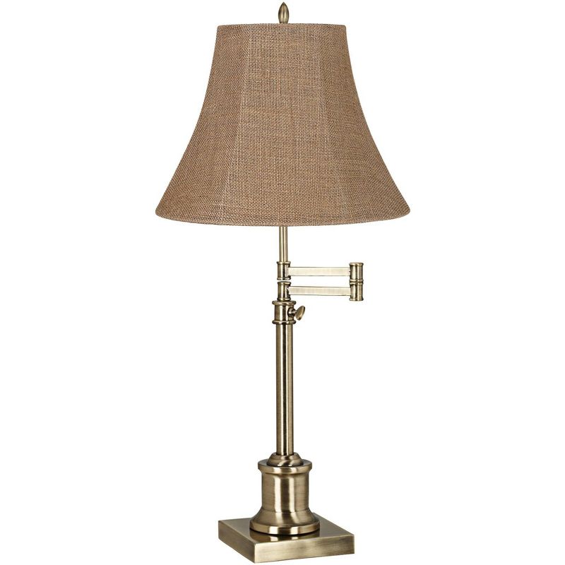 360 Lighting Traditional Swing Arm Desk Table Lamp Adjustable Height 36" Tall Antique Brass Natural Burlap Bell Shade Living Room Bedroom, 1 of 4