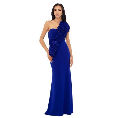 Betsy & Adam Womens 3D Asymmetrical Flower Gown Dress, Blue, 10