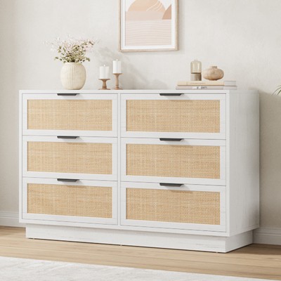 Rattan 6 Drawer Dresser, 47in Wide White 6 Chest of Drawers with Metal Handles and Wooden Sturdy Base for Bedroom Living Room Nursery Closet