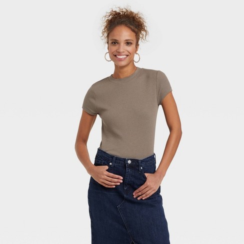 Women's Slim Fit Short Sleeve Ribbed T-shirt - A New Day™ Brown S : Target