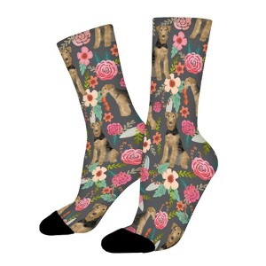 Airedale Dog Vintage Floral Charcoal Women Printed Crew Socks Funny Funky Socks Soft Polyester Novelty Gifts for Artists Men - 1 of 1