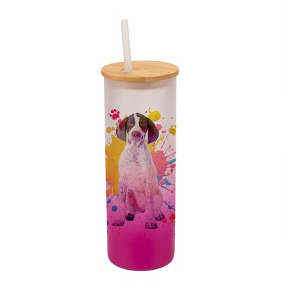 100 North 25 Ounce Frosted Glass Gradient Travel Tumbler With Straw & Wooden Lid, English Pointer Paint Splatter Pink