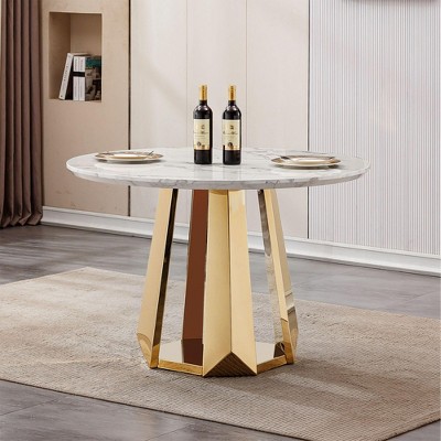 PAGED 46.85" Dining Table, Round Kitchen Table with Faux Marble Tabletop and Stainless Steel Base, Coffee Table for Kitchen Dining