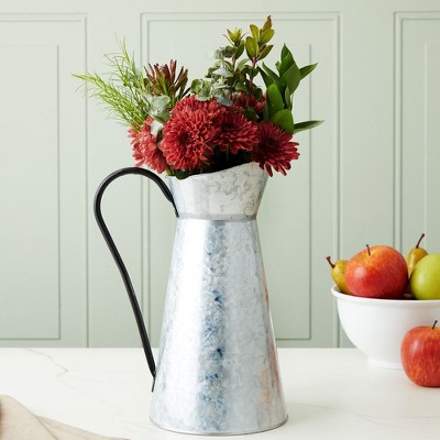 Rustic Galvanized Metal Pitcher Vase with Handle, 12 Inches