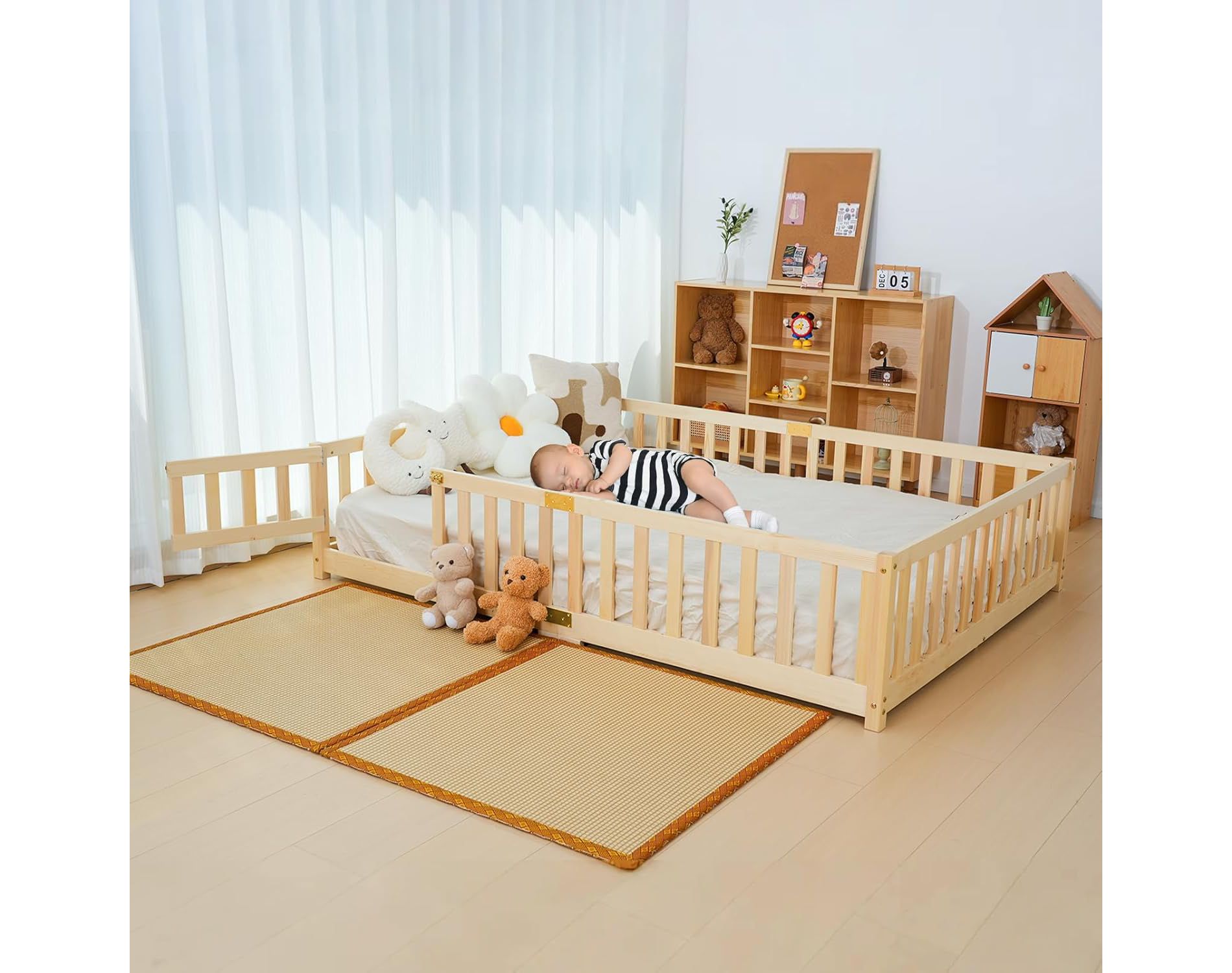 DoCred Toddler Floor Bed for Kids, Wood Floor Bed w/Slats & Fence for Girls and Boys, Montessori Bed Frame