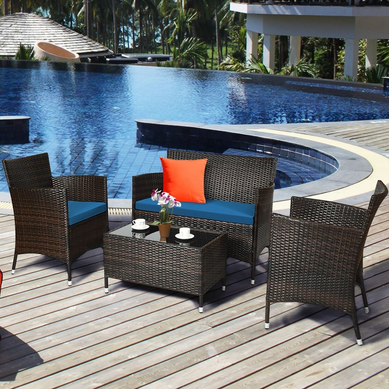 Costway 4PCS Rattan Patio Furniture Set Cushioned Sofa Chair Coffee Table, 1 of 11