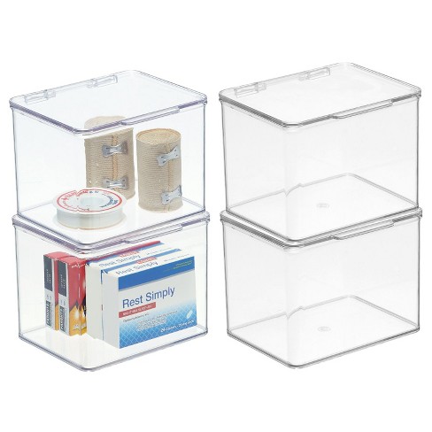 4ct mDesign Plastic Modern Bathroom Storage Organizer Bin, Handles, 4 Pack, Clear