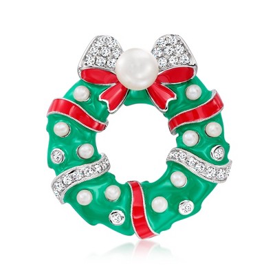 Ross-Simons 2.5-8mm Cultured Pearl and 4.50 ct. t.w. White Topaz Christmas Wreath Pin With Red and Green Enamel in Sterling Silver