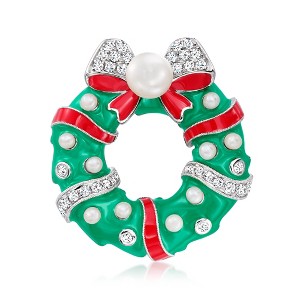Ross-Simons 2.5-8mm Cultured Pearl and 4.50 ct. t.w. White Topaz Christmas Wreath Pin With Red and Green Enamel in Sterling Silver - 1 of 3
