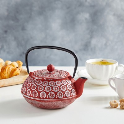 Red Floral Cast Iron Japanese Teapot with Infuser, 34 oz