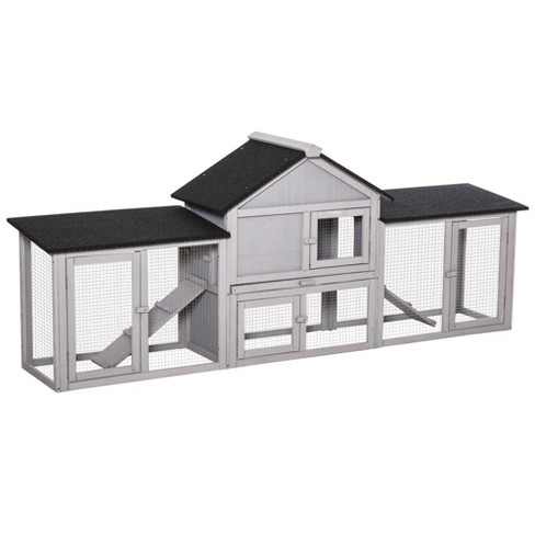 Pawhut 83 Wooden Rabbit Hutch Large Bunny Hutch House With Double Run Removable Tray And Waterproof Roof For Outdoor Gray Target