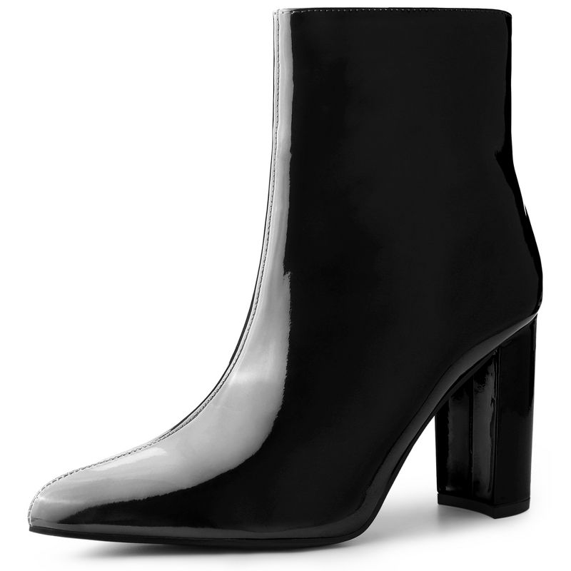 Perphy Women's Patent Leather Pointed Toe Side Zip Chunky Heel Ankle Boots, 1 of 6