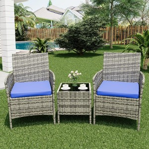 3-Piece Patio Furniture Set, With Cushions & Glass Table, All-Weather Rattan Chairs for Garden, Porch, Poolside - 1 of 4