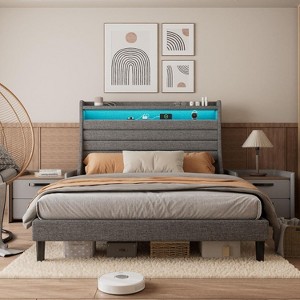Whizmax Platform Bed Frame - Upholstered Linen Headboard with Storage, Charging Station & LED Lights, Wood Slat Support, No Box Spring - 1 of 4