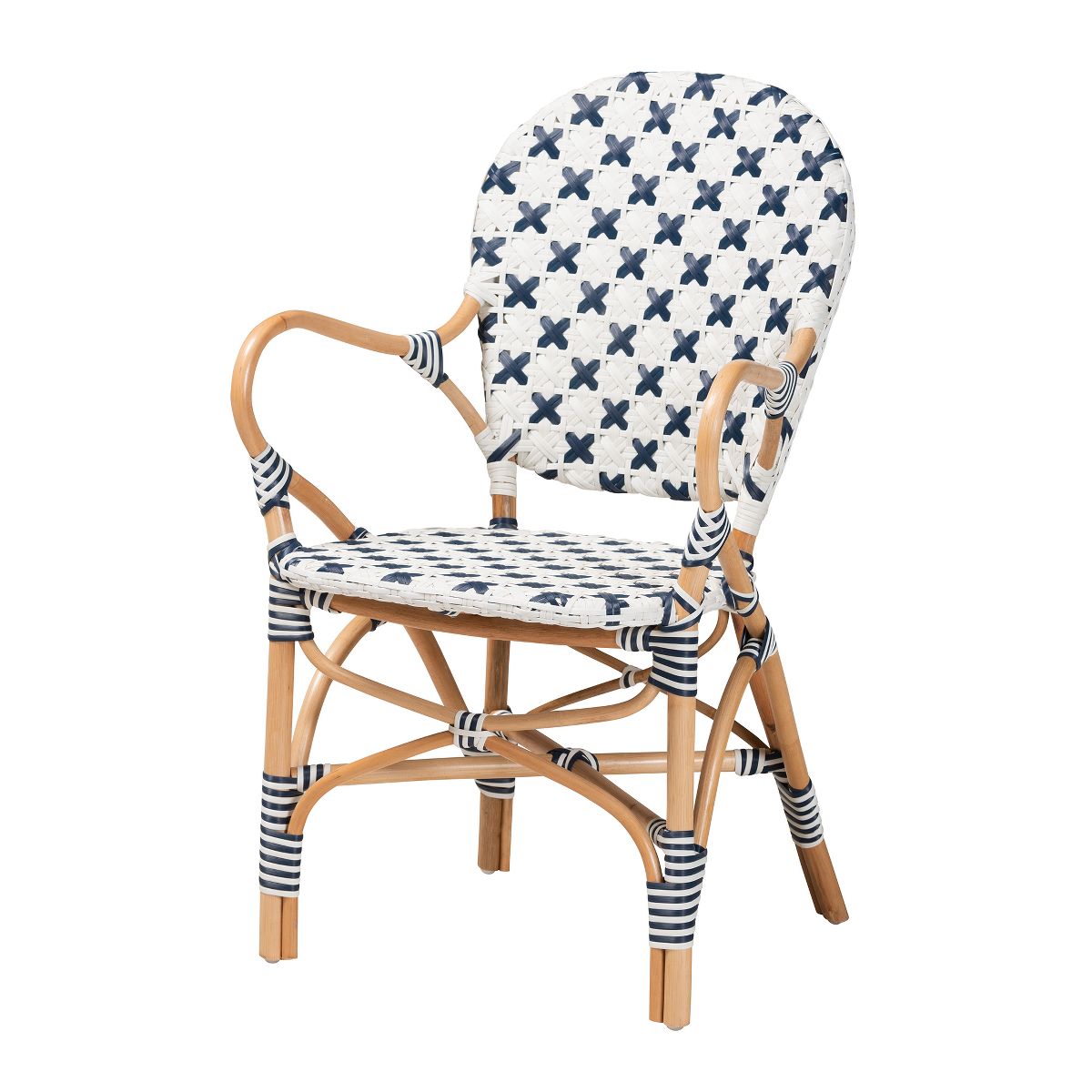 bali & pari Bryson Modern French Blue and White Weaving and Natural Rattan Bistro Chair - thumbnail 2