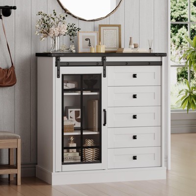 5 Drawers Storage Cabinet with Sliding Glass Door, LED Light, Wood Dresser