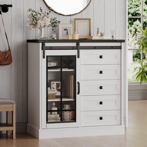 5 Drawers Storage Cabinet with Sliding Glass Door, LED Light, Wood Dresser - 1 of 4