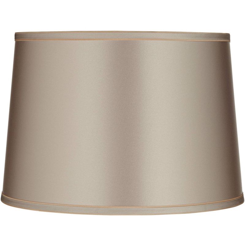 Springcrest Sydnee 14" Top x 16" Bottom x 11" High x 11" Slant Lamp Shade Replacement Medium Taupe Satin with Trim Drum Modern Spider Harp Finial, 1 of 8