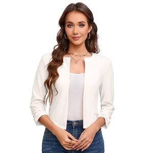 Coolmee Women's Collarless Blazer Ruched 3/4 Sleeve Open Front Slim Fit Business Work Office Jacket Cardigan - 1 of 4
