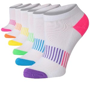 Women's 6 Pack Cushioned Comfort Running Classic White With Rainbow Stripes & Toe Ladies Ankle Socks - 1 of 1