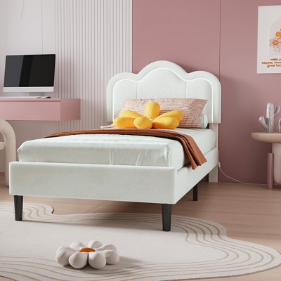 homfan Twin Smart LED Bed Frame, Adjustable PU Leather Headboard, Platform Bed for Kids, Wood Slats, No Box Spring Needed