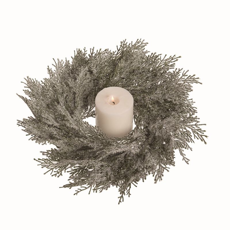 Transpac Natural Fiber Green Christmas Floral Frosted Candle Ring, 1 of 2