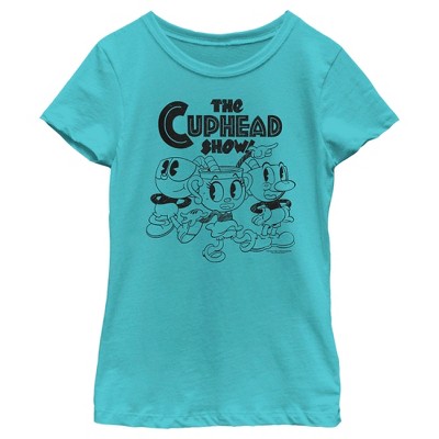 Girl's The Cuphead Show! Mugman Ms. Chalice and Cuphead Outlines T-Shirt