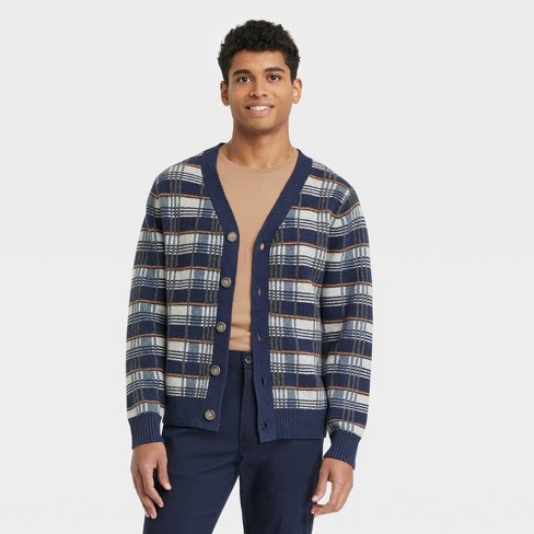 Men's Plaid Ribbed Hem V-neck Cardigan - Goodfellow u0026 Co™ Navy Blue L :  Target