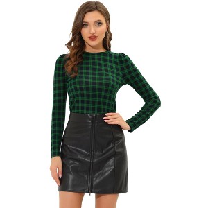 Allegra K Women's Round Neck Long Puff Sleeves Knit Plaid Top - 1 of 4