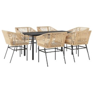 vidaXL 7 Piece Patio Dining Set - Brown PE Rattan & Steel Frame - Glass Tabletop, Cushioned Seats - Outdoor/Garden/Backyard/Deck Furniture - Brown - 1 of 4