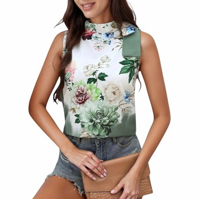 Anna-Kaci Women's Satin Floral Sleeveless Blouse with Mock Neck and Shoulder Bow Accent